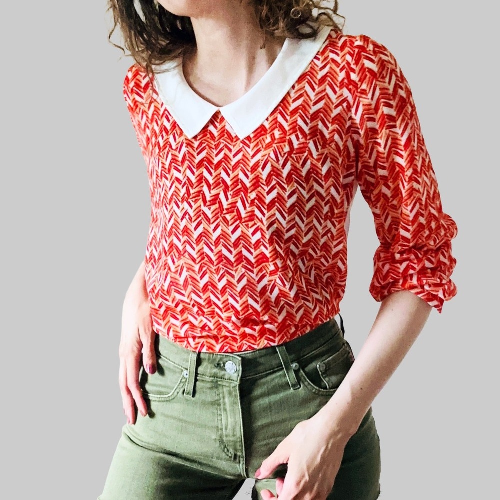 Lavand Orange Chevron Peter Pan Collar Sheer Back Button Down Blouse Small NWT